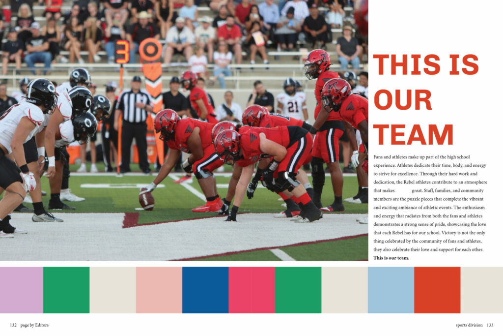High school football team in red uniforms preparing for a snap 
