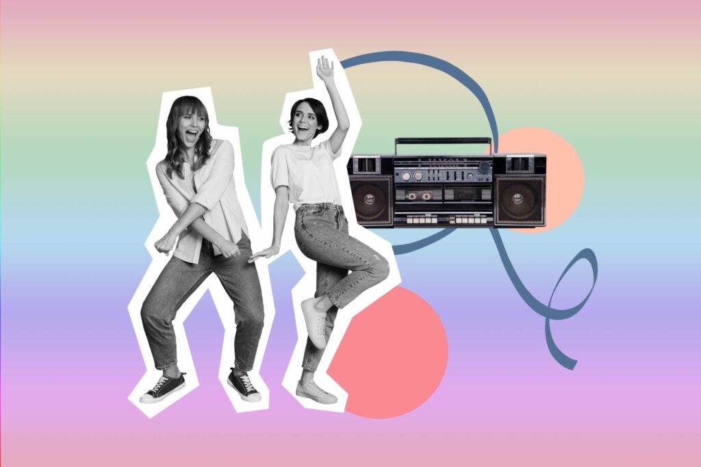 Two people dancing playfully beside a retro boombox on a pastel rainbow background with abstract shapes.