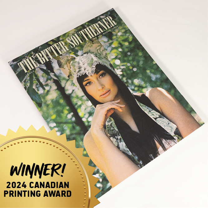 The Bitter Southerner magazine cover displayed with a 2024 Canadian Printing Award badge.