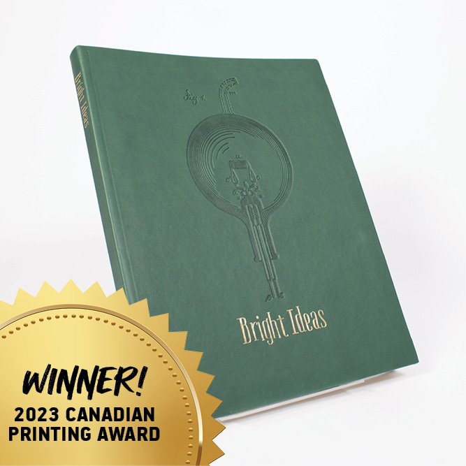Green Bright Ideas journal displayed with a 2023 Canadian Printing Award badge