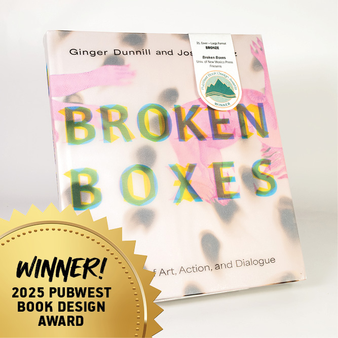 Cover of the book Broken Boxes with colorful typography and a 2025 PubWest Book Design Award badge
