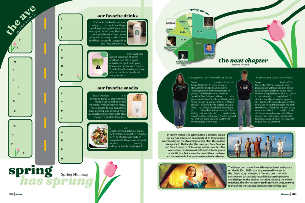 Yearbook spread with spring-themed graphics, student favorites, future plans, and pop culture highlights.