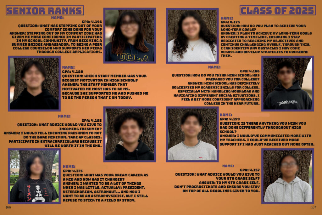 Yearbook spread with student portraits and short interview responses under the titles ‘Senior Ranks’ and ‘Class of 2025,’ arranged on two orange pages with purple accents.