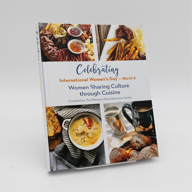 Cover of the book Celebrating International Women’s Day: Women Sharing Culture through Cuisine, featuring four food photographs including soups, pastries, and shared dishes.