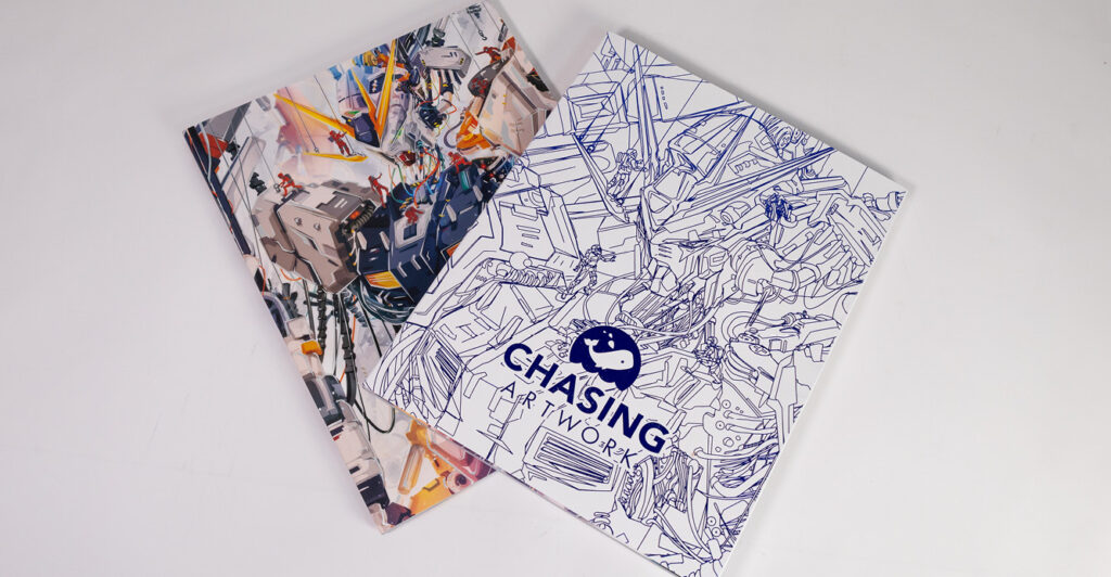 Illustrated art book on the left with a matching line‑art belly band on the right labeled “Chasing Artwork.”