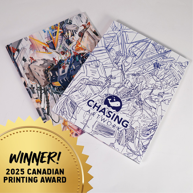 Chasing Artwork book and belly band displayed side by side with a 2025 Canadian Printing Award badge