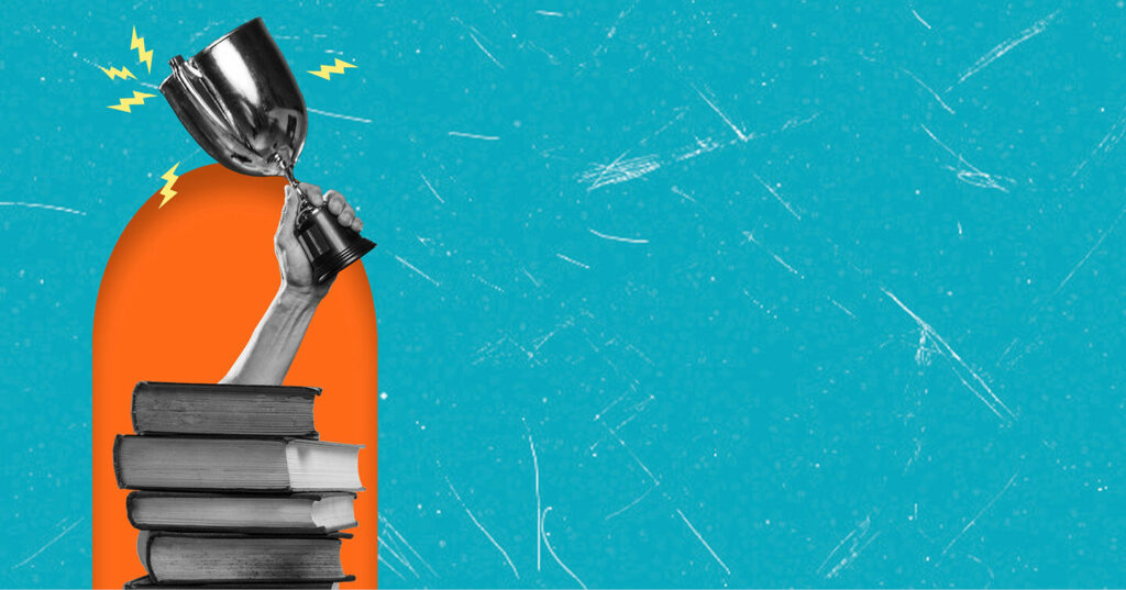 A hand holding up a trophy above a stack of books, set against a blue background with an orange arch shape behind it.