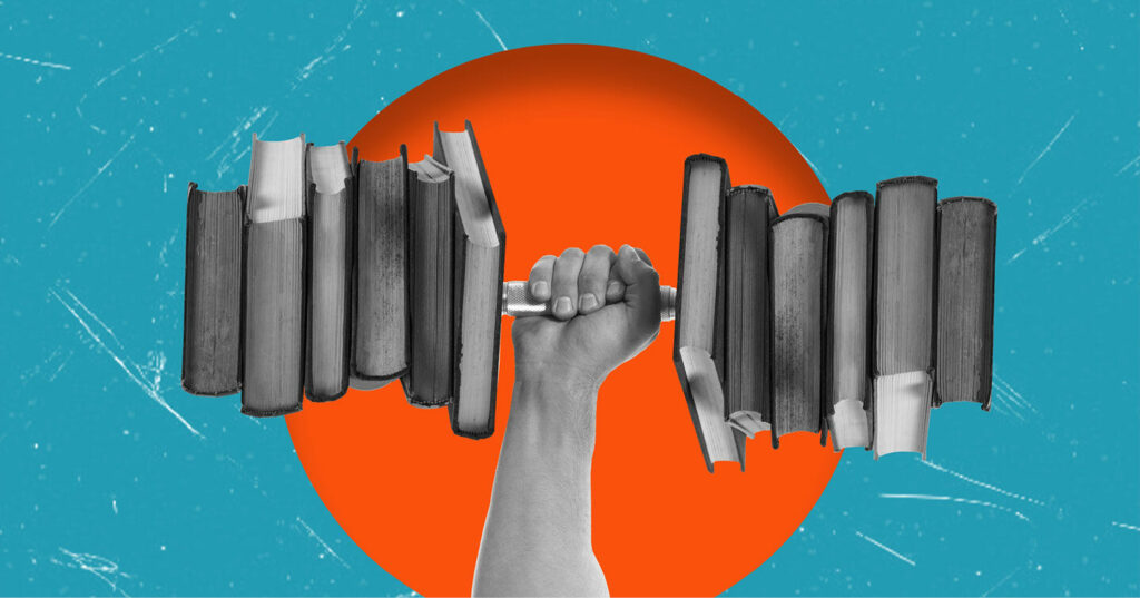 A hand lifting a barbell made of stacked books against a blue background with an orange circle behind it.