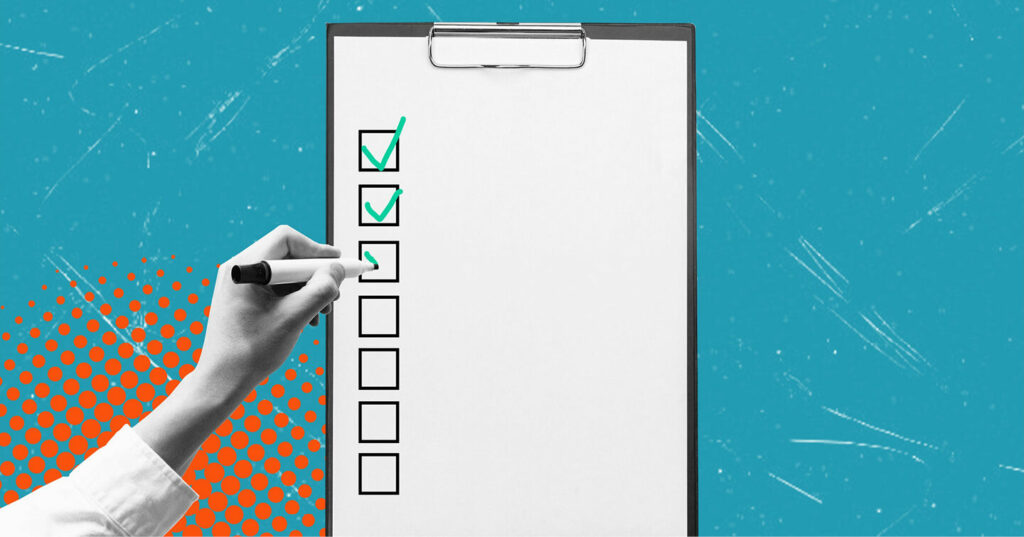 A hand holding a marker and checking boxes on a clipboard checklist against a blue and orange graphic background.