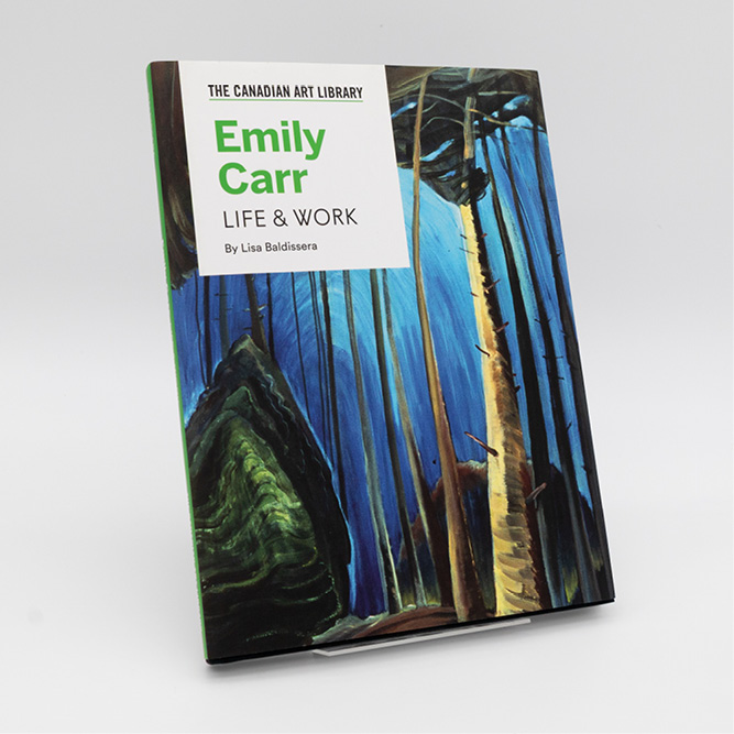 Cover of the book Emily Carr: Life & Work, featuring a vibrant forest painting with tall blue and green trees.