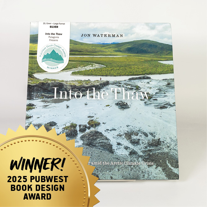 Cover of the book “Into the Thaw” with landscape photo and a 2025 PubWest Book Design Award badge