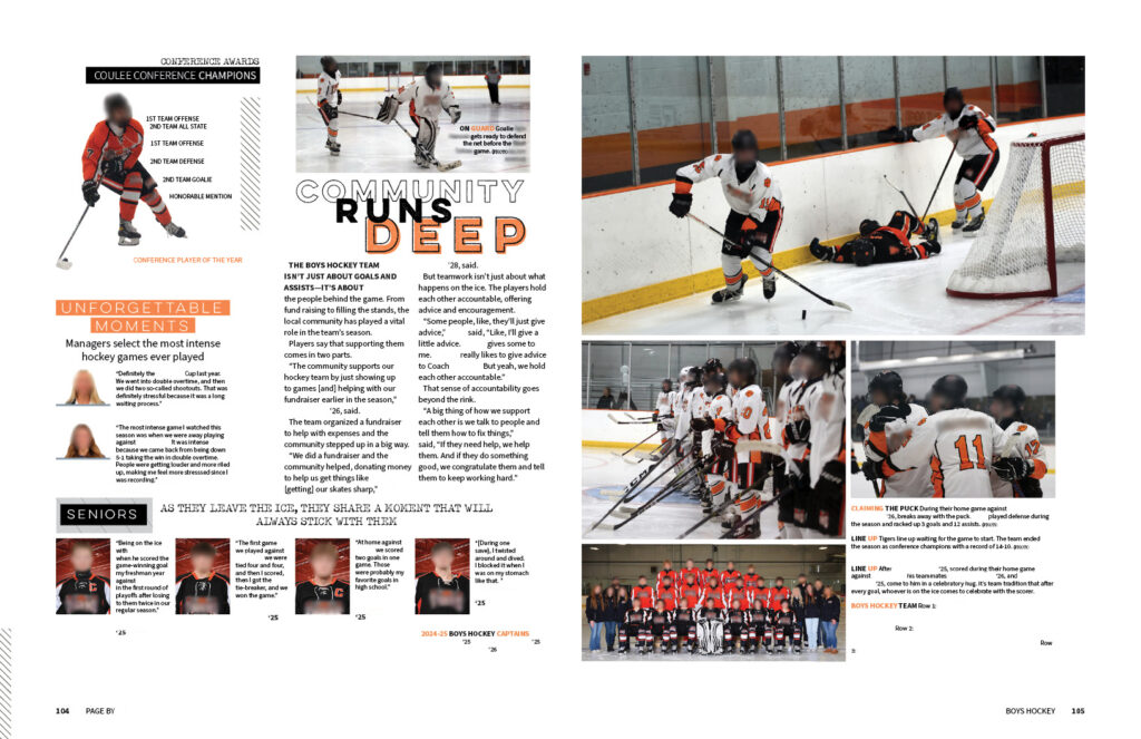 Yearbook spread featuring boys hockey action shots, team moments, and season highlights.