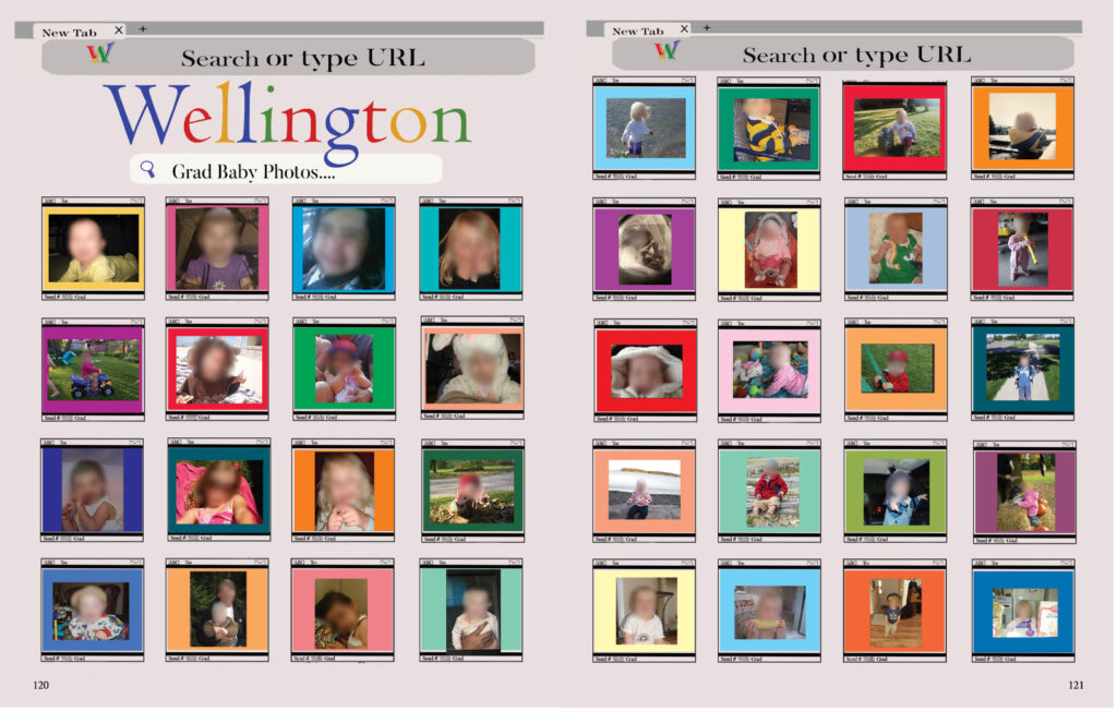 Yearbook spread displaying multiple colorful baby photo thumbnails arranged in a grid layout.