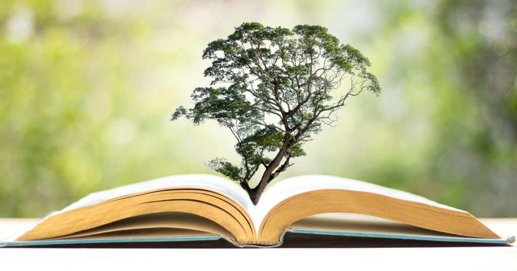 Open book on a table with a small tree growing from its pages against a soft green, nature-inspired background.