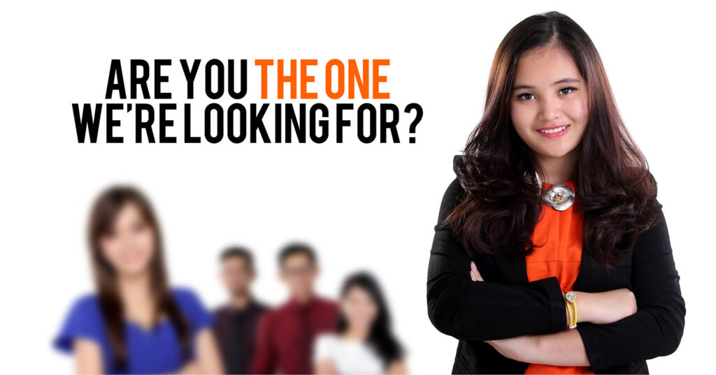 Confident person stands with arms crossed in front of a group, alongside bold recruitment headline text.