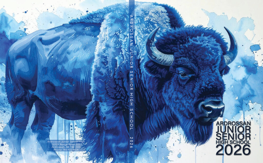Cover of the 2025-26 Ardrossan JR SR High School yearbook with a blue watercolour bison
