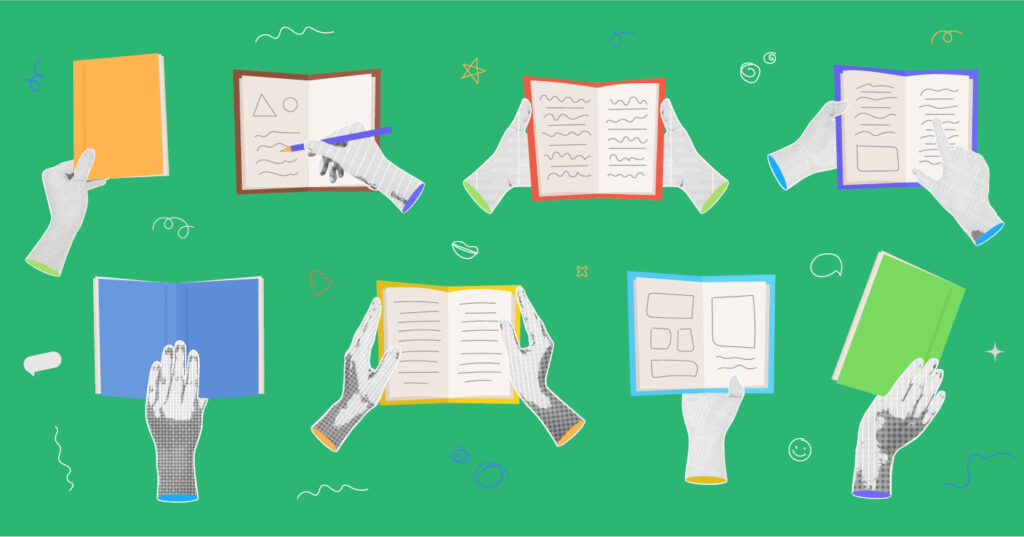 Illustrated hands holding open books and pages, showing different page layouts and book parts for yearbook design.
