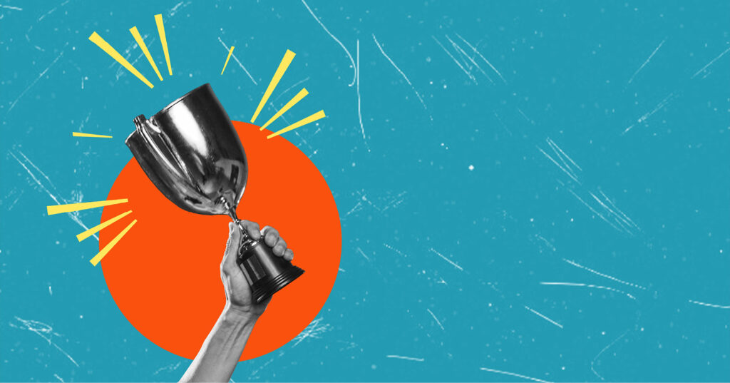 Collage of a hand holding a trophy over an orange circle and blue background