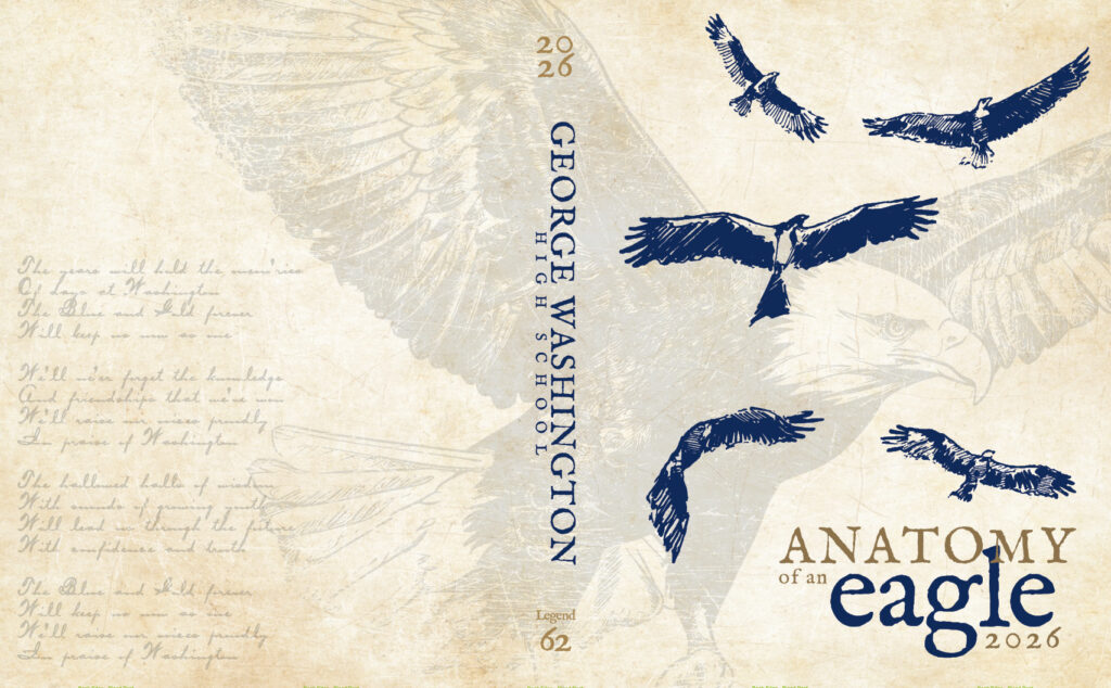 Cover of the 2025-26 George Washington High School yearbook with five soaring eagles.