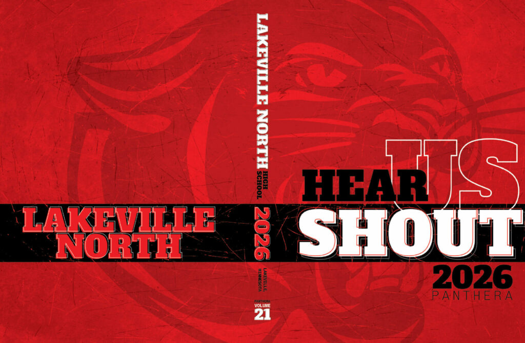 The cover of the 2025-26 Lakeville North High School Yearbook in red with a panther silhouette