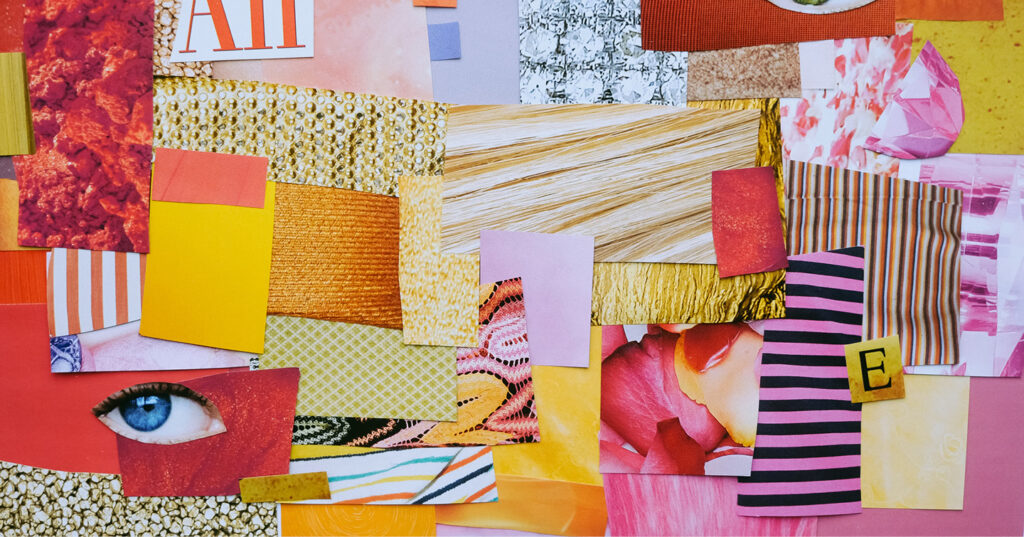 Mixed-media collage of bright papers, textures, patterns, flowers, and a blue eye arranged in a vibrant layout.