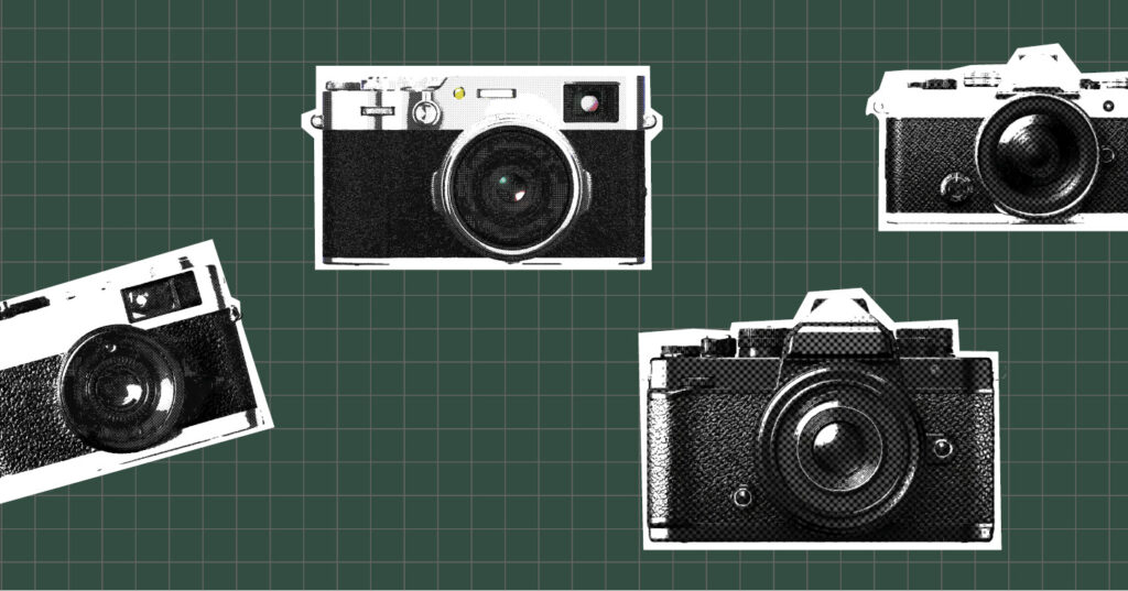 Illustrated vintage cameras arranged on a grid background, representing photography equipment and image-related yearbook terms.