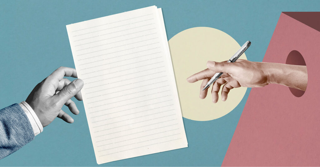 Hands reaching toward a lined sheet of paper, one holding a pen, symbolizing writing and yearbook planning.