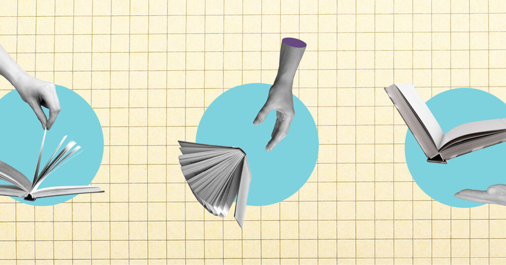 Illustrated hands handling open books and fanned pages, representing book binding, page order, and print production processes.