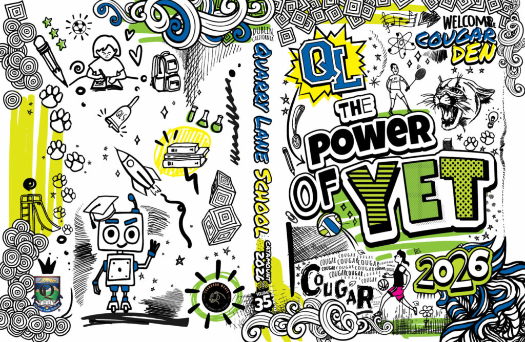 Cover of the 2025-26 Quarry Lane School yearbook with black and white doodles