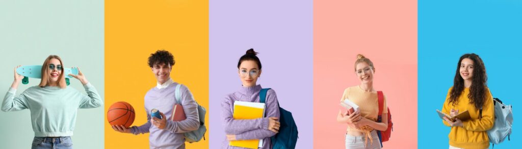 Students standing against colourful backgrounds, holding a skateboard, basketball, notebooks, books, and backpacks.