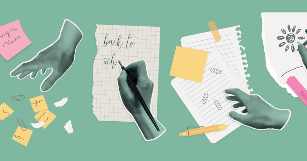 Illustrated hands writing, editing, and arranging notes, papers, and stationery, representing yearbook writing and editing terms.