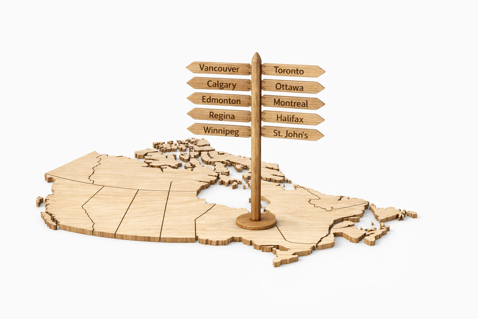 Wooden map of Canada with a signpost pointing to major cities including Vancouver, Toronto, Calgary, and Montreal.