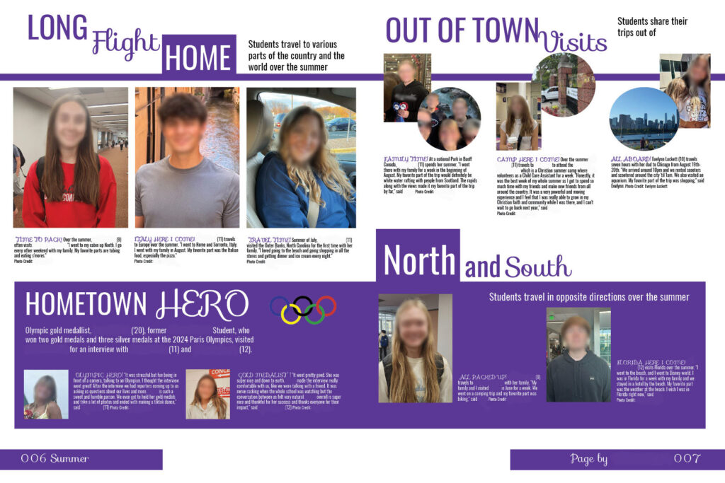 Yearbook spread highlighting student summer travels, hometown spotlights, visits out of town, and features on North and South trips.