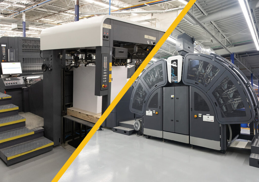 Large offset press on the left and HP inkjet web press on the right, separated by a diagonal line in a print facility.