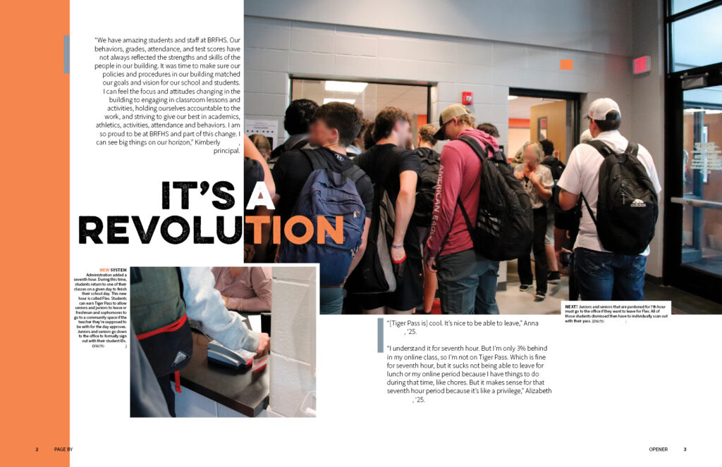 Yearbook spread about a new school schedule, showing crowded hallways, locker access, and student perspectives on the change.
