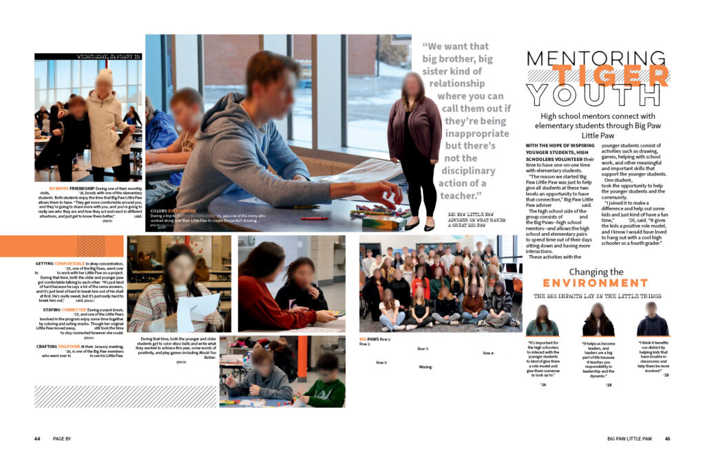 Yearbook feature on a youth mentoring program, showing group activities, student mentors, quotes, and an article on community impact.
