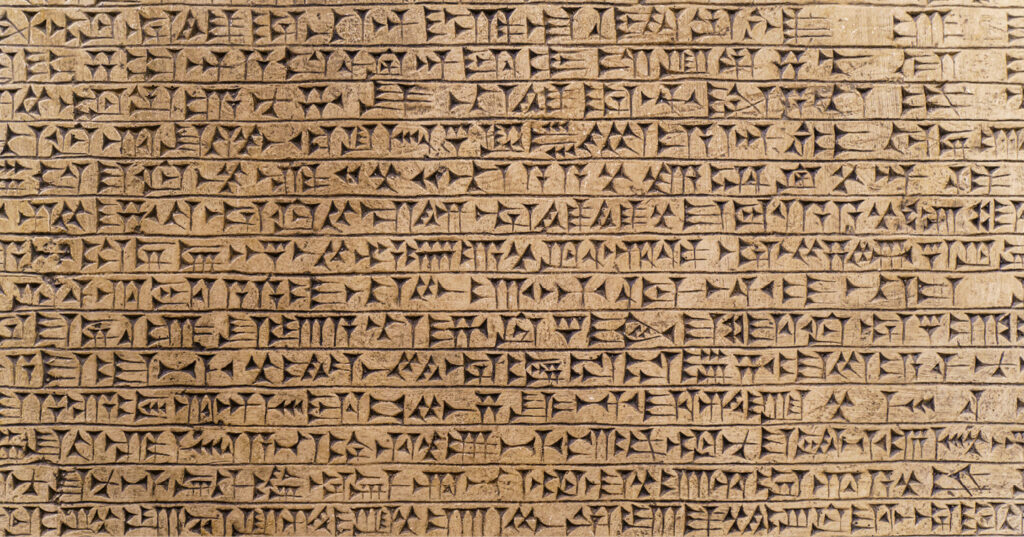 Close-up of an ancient clay tablet covered with rows of cuneiform writing carved into its surface.