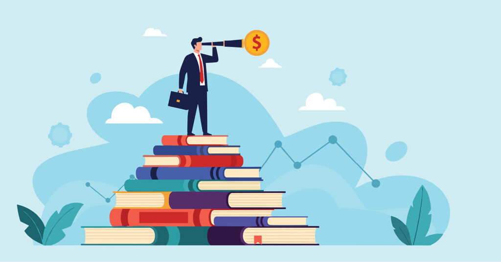 Illustration of a person on stacked books using a telescope toward a dollar sign, with a growth chart in the background.