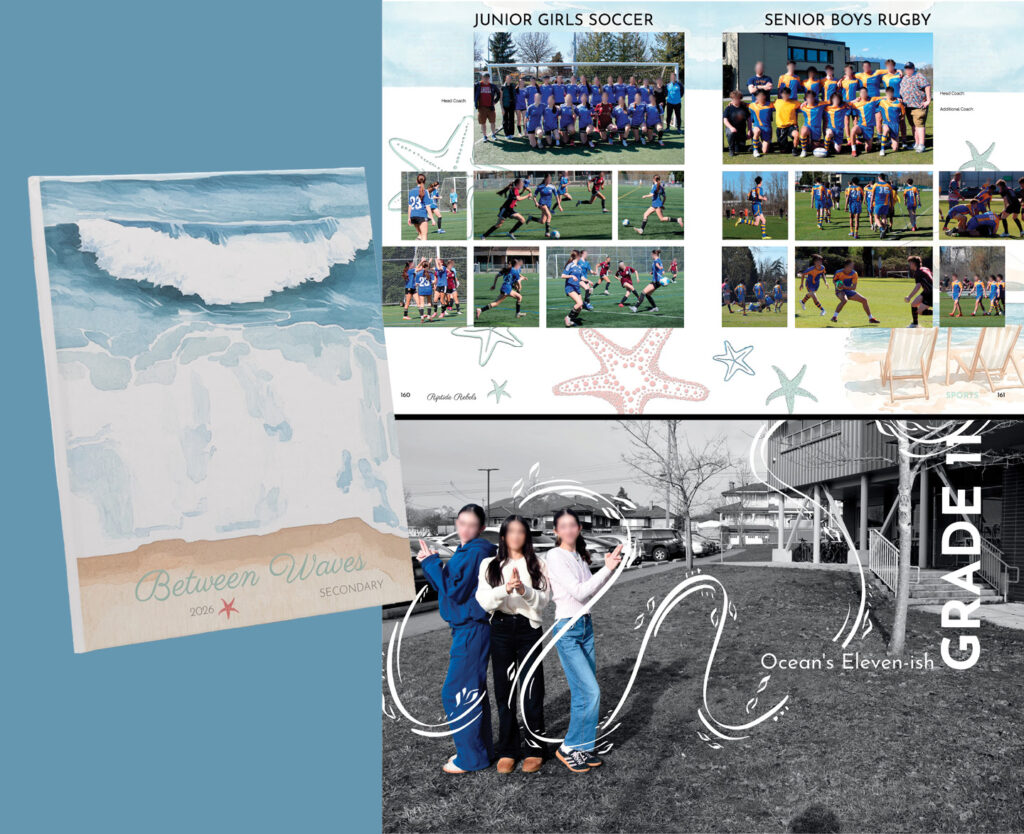 Yearbook cover and spreads with “Between the Waves” beach theme, featuring sports teams, student photos, and ocean-inspired design