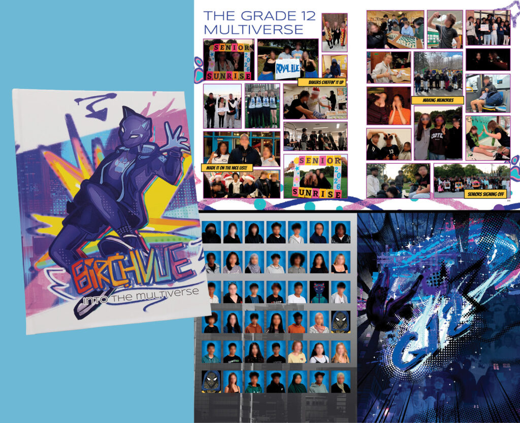 Yearbook spread and cover featuring “Into the Multiverse” theme with student photos, portraits, and comic-style graphics