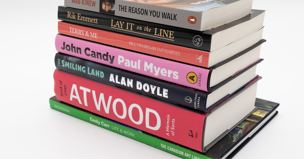 A stack of books by Canadian authors, or about Canadian people.