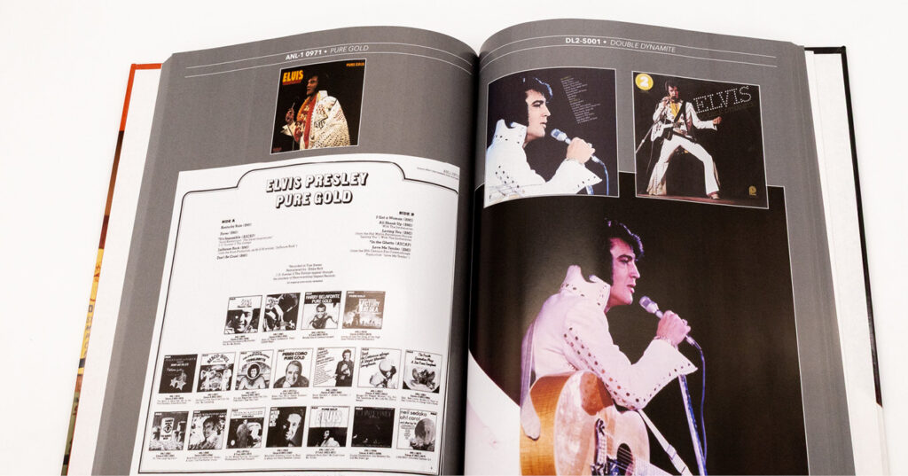 Open book spread featuring album artwork, discography pages, and performance photography from an Elvis Presley music collection.