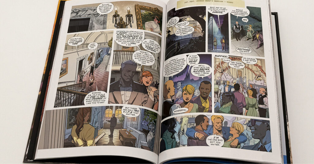 Open book displaying a full‑colour comic spread with illustrated panels, dialogue bubbles, and multiple characters in interior scenes.
