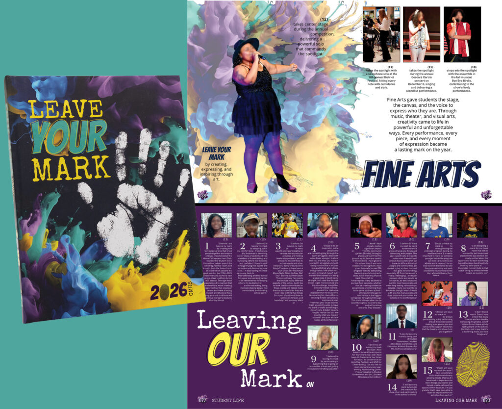 Yearbook spread and cover featuring “Into the Multiverse” theme with student photos, portraits, and comic-style graphics