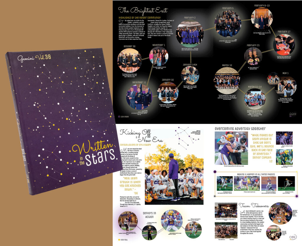 Yearbook cover and spreads with “Written in the Stars” theme, featuring constellation design, event highlights, and student life photos