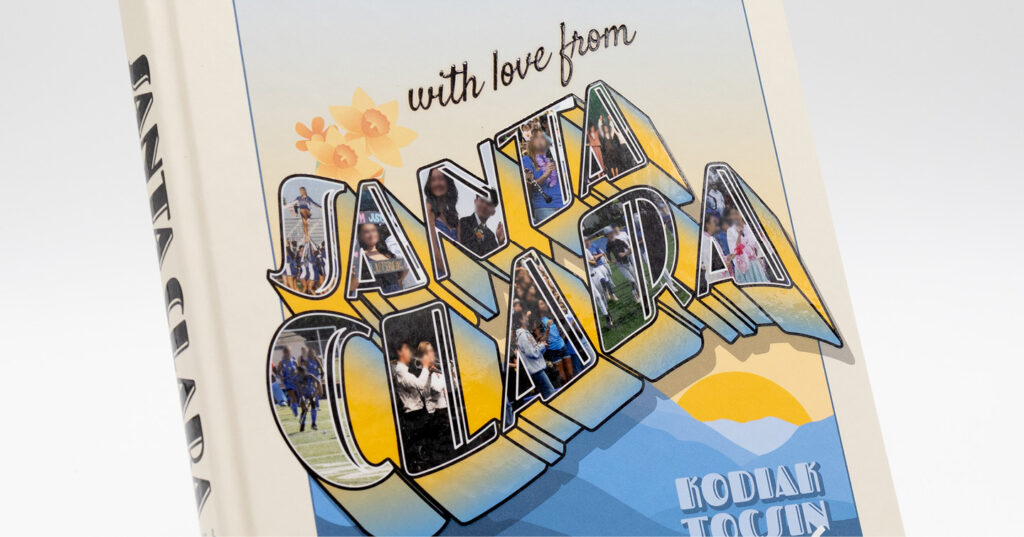 Yearbook cover featuring large "Santa Clara" typography with student photos and Spot Gloss UV accents on select text elements.