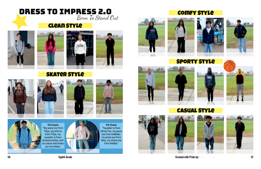 Yearbook spread showing clear font hierarchy with bold headings, script accents, and consistent typography examples.