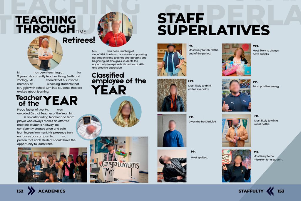 Yearbook spread uses bold display fonts and clean body text to highlight teacher profiles, awards, and staff superlatives.