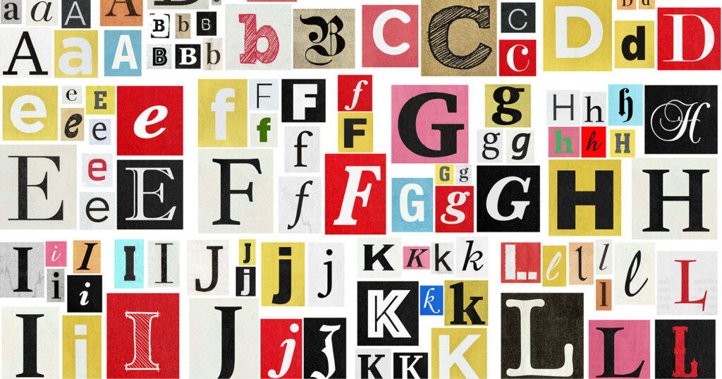 Collage of alphabet letters in varied fonts and colours, illustrating differences in typeface style and personality.