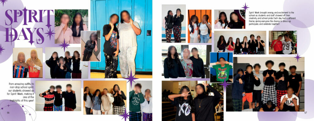 Yearbook spread about Spirit Days featuring playful display fonts, decorative stars, and student Spirit Week photos.